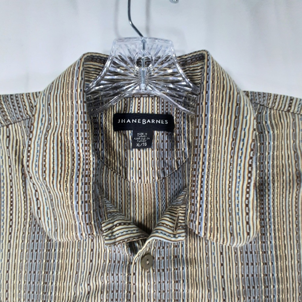 Jhane Barnes Men XL Jacquard Art Deco Textured Shirt Tan Blue Vertical Stripe - Picture 2 of 12